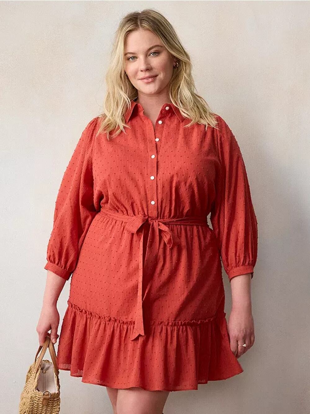 LC Lauren Conrad Mini Shirt Dress Plus Size 2X Rust Red Ruffle Front-Tie Peasant
